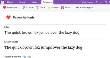 A screenshot of the Font Express app showing a list of fonts in the 'Favourites' category
