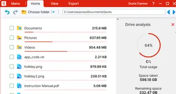 A screenshot of the Quota Express app showing a list of files and folders and the space remaining on the hard drive on the right