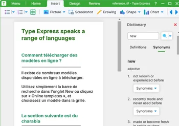 Screenshot of the Type Express interface with a document open and the dictionary pane on the right