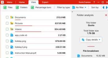 A screenshot of the Quota Express app showing a list of files and folders with details on the right