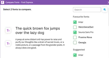A screenshot of the Font Express app showing two fonts in comparison with a list of selectable fonts on the right