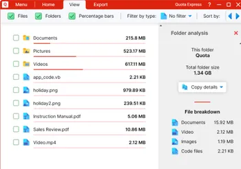 Screenshot of the Quota Express interface with a folder open containing files and folders