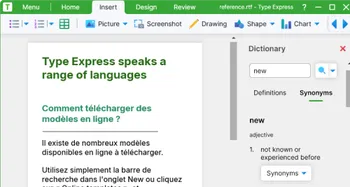 A screenshot of the Type Express app with a document open and the dictionary pane on the right