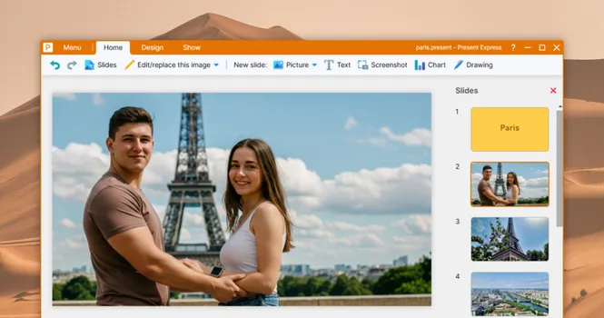 Screenshot of the Present Express interface against a desert background