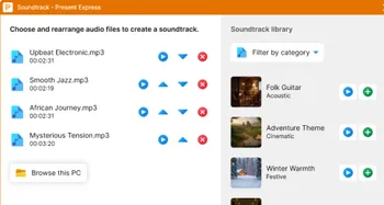 A screenshot of the Present Express app sound a selection of audio files in the soundtrack editor