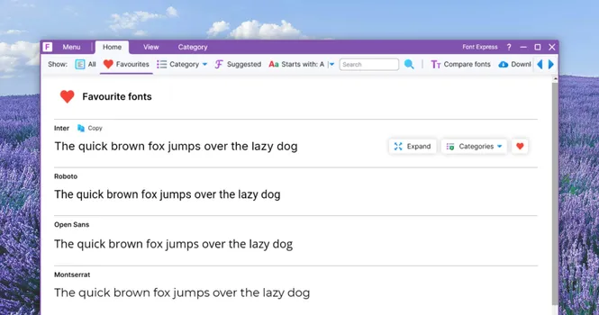 Screenshot of the Font Express interface against a lavender field background