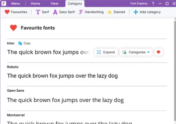 Screenshot of the Font Express interface with four fonts added to the 'Favourites' category
